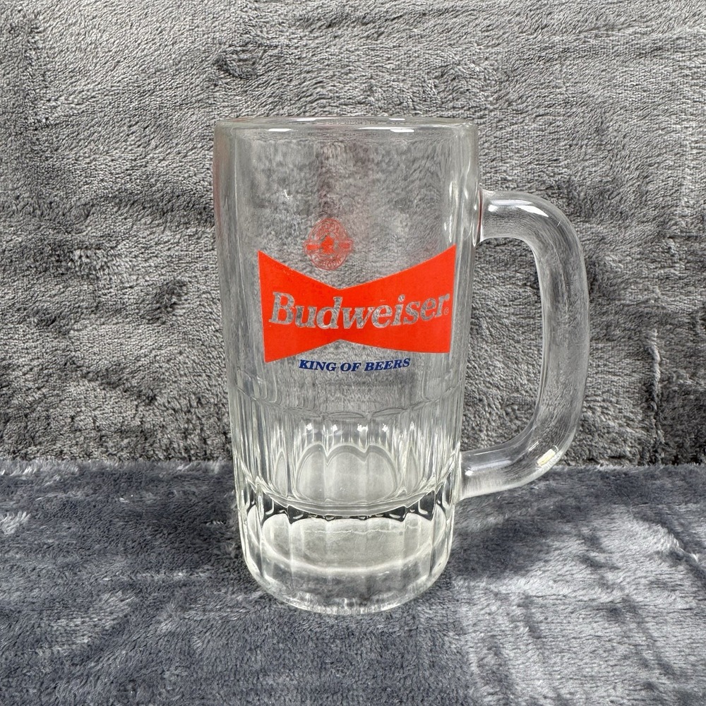 Vintage BUDWEISER King of Beers Glass Mug 5.25" Clear Red Bowtie Logo Beer Stein